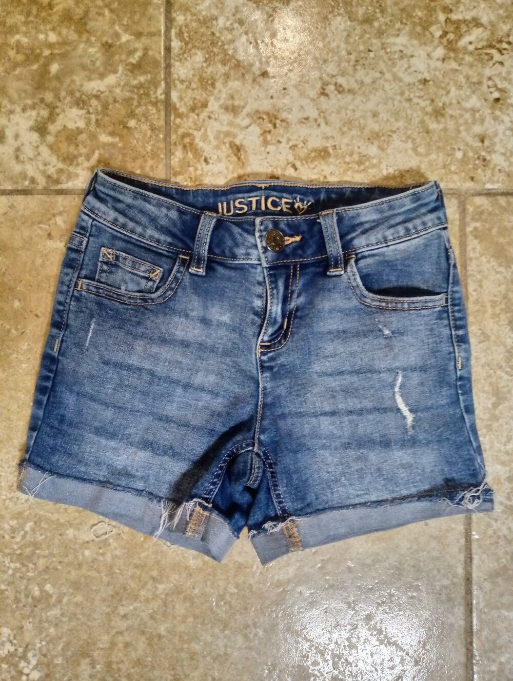 Justice Girls Distressed Blue Denim Cuffed Shorts